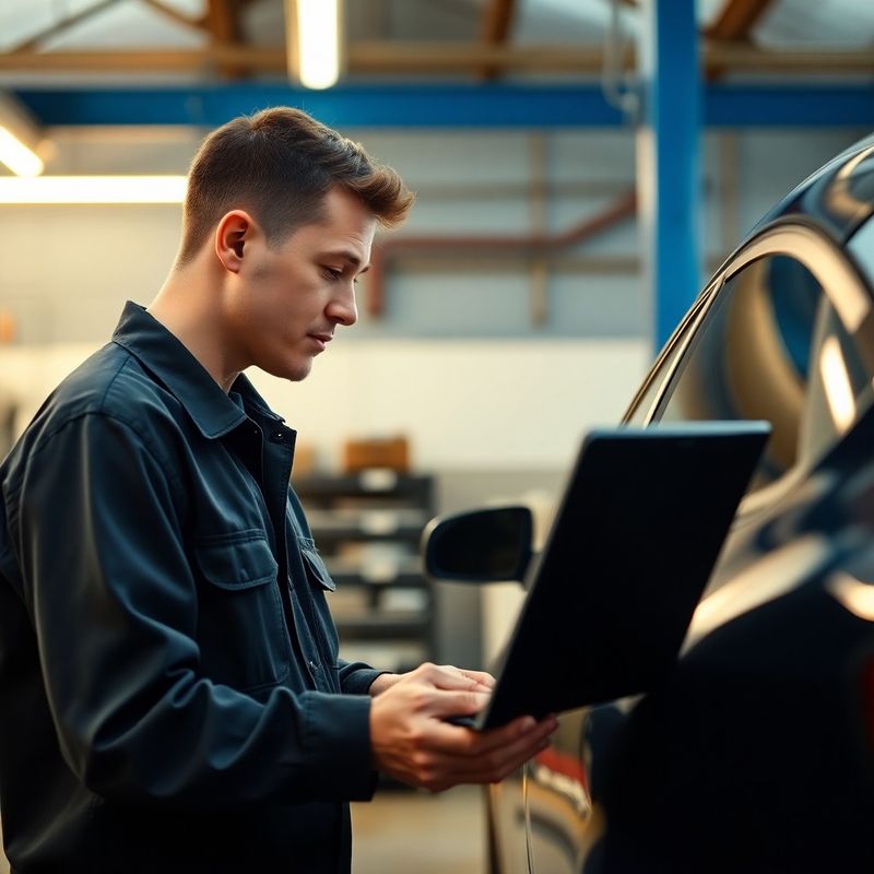 Technician connecting an OBD diagnostic laptop to a vehicle