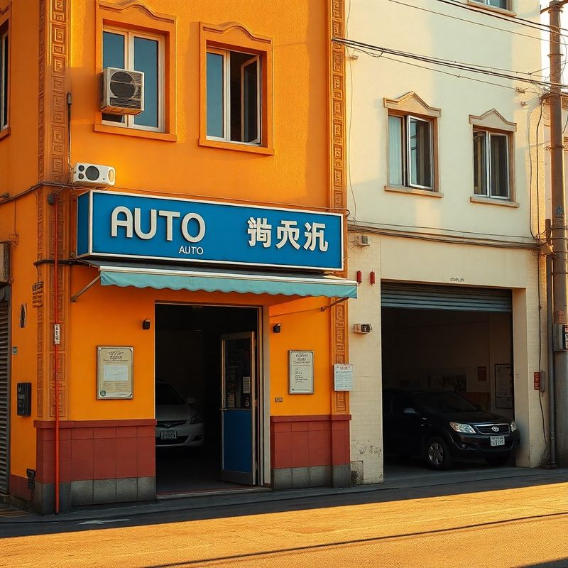 Workshop exterior facade with ink-blue signage at golden hour